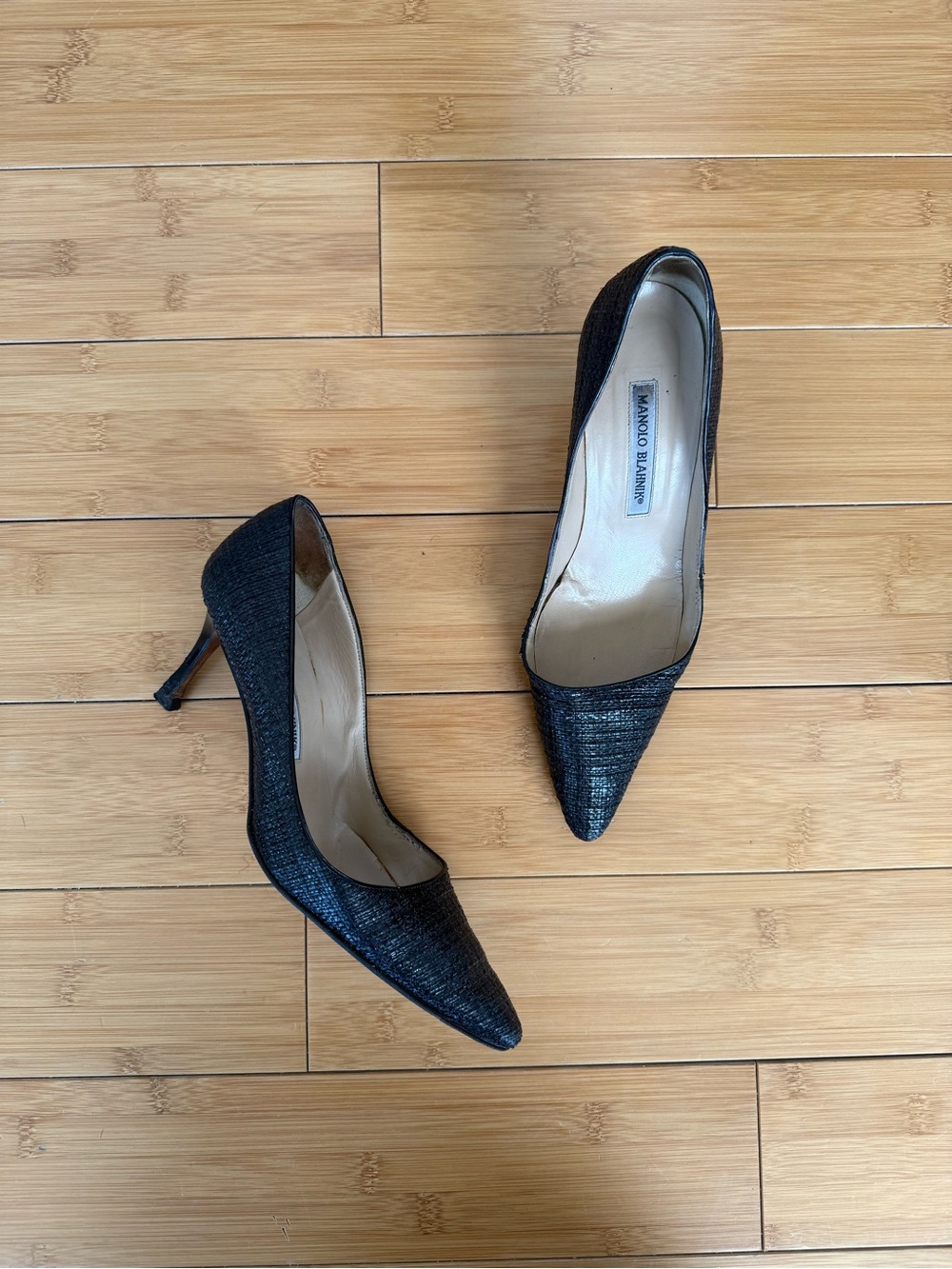 Manolo Blahnik Black Raffia Pointed Toe Heels